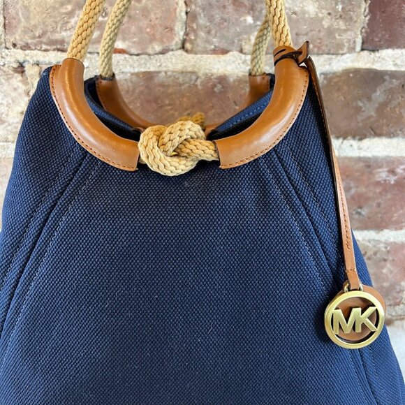 Michael Kors Isla Ring Canvas Shoulder Tote Bag Admiral Blue Purse - Picture 2 of 11